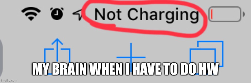 Not charging | MY BRAIN WHEN I HAVE TO DO HW | image tagged in not charging | made w/ Imgflip meme maker