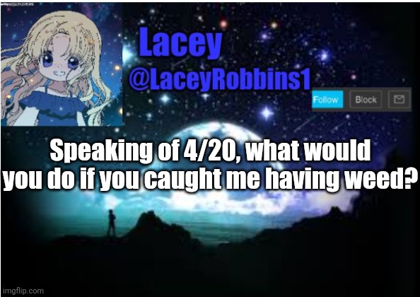 Lacey announcement template | Speaking of 4/20, what would you do if you caught me having weed? | image tagged in lacey announcement template | made w/ Imgflip meme maker
