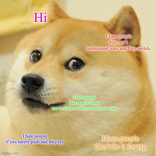 I hate | Hi; I hate people that can’t understand joke and they snitch; I hate people that rage if There not in front of everyone in your class; I hate people if you barely push and they cry; I hate people
Can’t be it for tag | image tagged in memes,doge | made w/ Imgflip meme maker