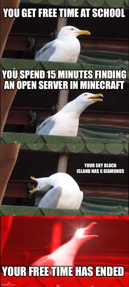 Inhaling Seagull | YOU GET FREE TIME AT SCHOOL; YOU SPEND 15 MINUTES FINDING AN OPEN SERVER IN MINECRAFT; YOUR SKY BLOCK ISLAND HAS 6 DIAMONDS; YOUR FREE TIME HAS ENDED | image tagged in memes,inhaling seagull | made w/ Imgflip meme maker