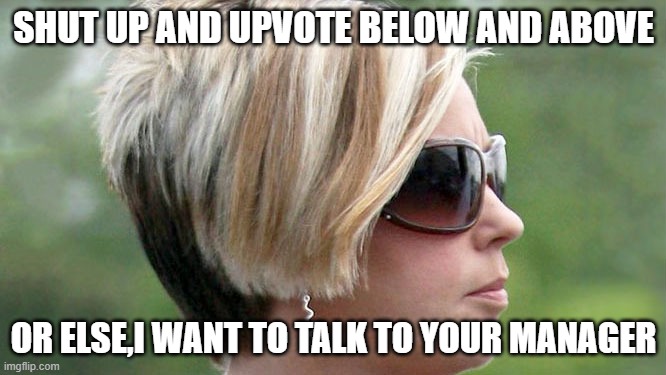 Karen | SHUT UP AND UPVOTE BELOW AND ABOVE; OR ELSE,I WANT TO TALK TO YOUR MANAGER | image tagged in karen | made w/ Imgflip meme maker