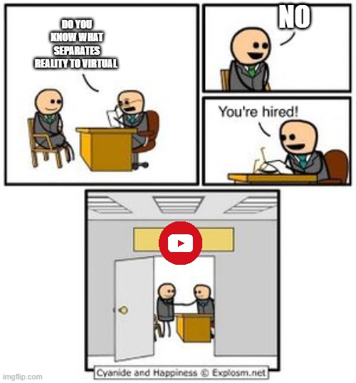 this is YouTube for ya | NO; DO YOU KNOW WHAT SEPARATES REALITY TO VIRTUAL | image tagged in your hired | made w/ Imgflip meme maker