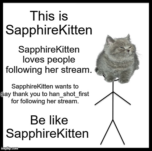 Thank you! | This is SapphireKitten; SapphireKitten loves people following her stream. SapphireKitten wants to say thank you to han_shot_first for following her stream. Be like SapphireKitten | image tagged in memes,be like bill | made w/ Imgflip meme maker