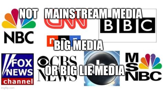 Not mainstream at all | NOT   MAINSTREAM  MEDIA; BIG MEDIA                       OR BIG LIE MEDIA | image tagged in msm fake news,fake news,cnn fake news,propaganda | made w/ Imgflip meme maker