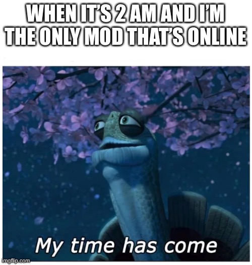 2 more hours | WHEN IT’S 2 AM AND I’M THE ONLY MOD THAT’S ONLINE | image tagged in my time has come | made w/ Imgflip meme maker
