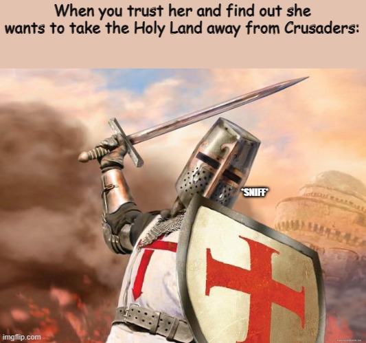 WHY, I TRUSTED YOU *Cries* | When you trust her and find out she wants to take the Holy Land away from Crusaders: | image tagged in crying crusader | made w/ Imgflip meme maker