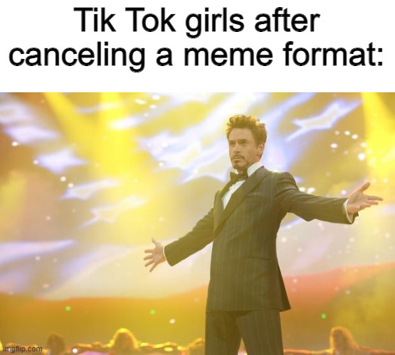 Tony Stark success | Tik Tok girls after canceling a meme format: | image tagged in tony stark success,tik tok sucks | made w/ Imgflip meme maker