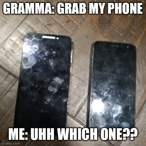 Bruh | GRAMMA: GRAB MY PHONE; ME: UHH WHICH ONE?? | made w/ Imgflip meme maker