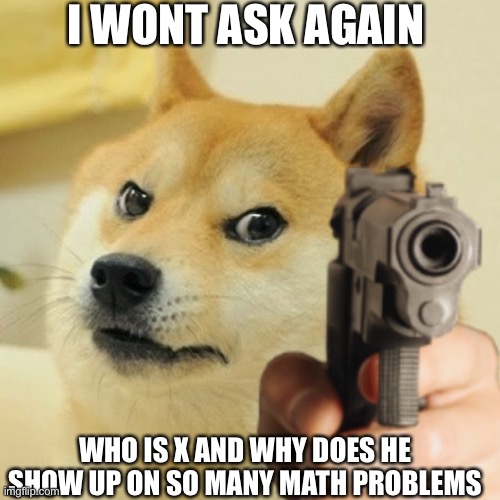Doge holding a gun | I WONT ASK AGAIN; WHO IS X AND WHY DOES HE SHOW UP ON SO MANY MATH PROBLEMS | image tagged in doge holding a gun | made w/ Imgflip meme maker