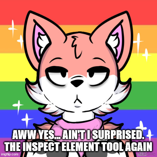 unpleased Finx | AWW YES... AIN'T I SURPRISED. THE INSPECT ELEMENT TOOL AGAIN | image tagged in unpleased finx | made w/ Imgflip meme maker