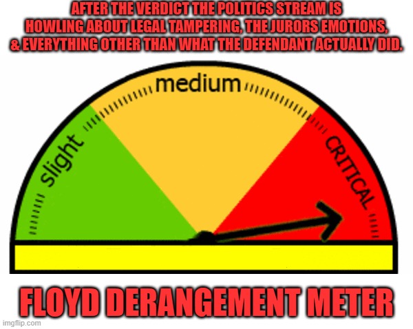 The truth is their enemy | AFTER THE VERDICT THE POLITICS STREAM IS HOWLING ABOUT LEGAL TAMPERING, THE JURORS EMOTIONS, & EVERYTHING OTHER THAN WHAT THE DEFENDANT ACTUALLY DID. FLOYD DERANGEMENT METER | image tagged in generic meter,george floyd,derek chauvin,justice,conservative logic | made w/ Imgflip meme maker