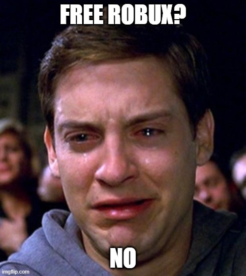 crying peter parker | FREE ROBUX? NO | image tagged in crying peter parker | made w/ Imgflip meme maker