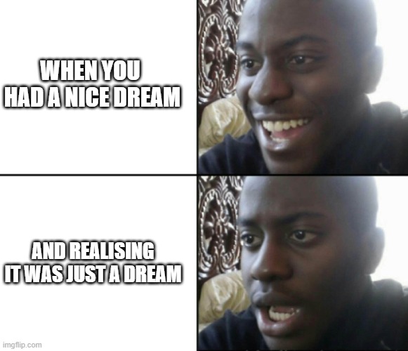 dream | WHEN YOU 
HAD A NICE DREAM; AND REALISING IT WAS JUST A DREAM | image tagged in happy / shock | made w/ Imgflip meme maker
