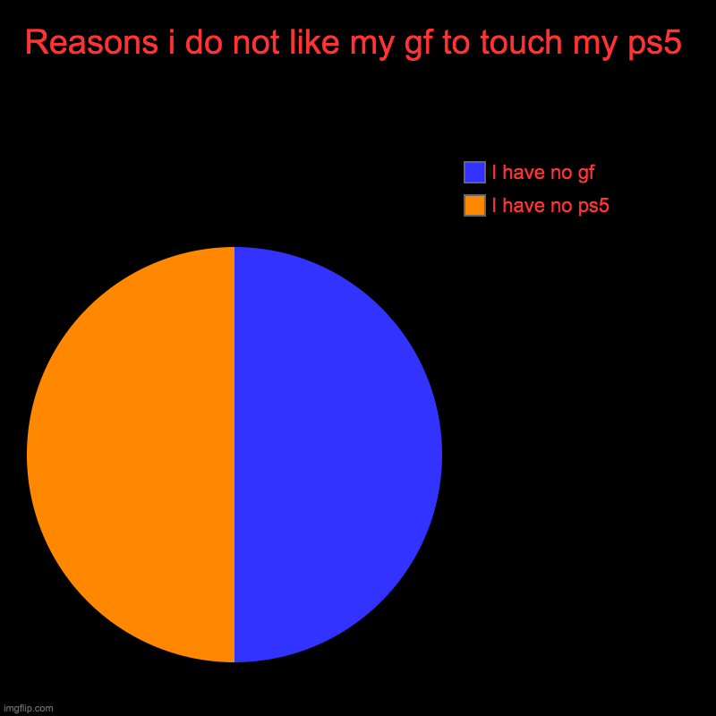 Reasons i do not like my gf to touch my ps5 | I have no ps5, I have no gf | image tagged in charts,pie charts | made w/ Imgflip chart maker