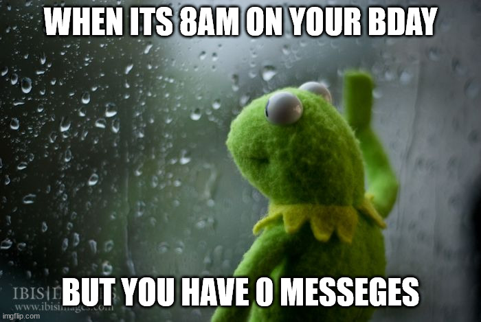 h | WHEN ITS 8AM ON YOUR BDAY; BUT YOU HAVE 0 MESSEGES | image tagged in kermit window | made w/ Imgflip meme maker