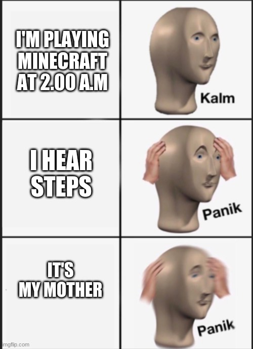 Minecraft at a.m | I'M PLAYING MINECRAFT AT 2.00 A.M; I HEAR STEPS; IT'S MY MOTHER | image tagged in kalm panik panik | made w/ Imgflip meme maker