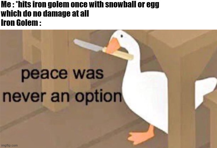 Untitled Goose Peace Was Never an Option | Me : *hits iron golem once with snowball or egg 
which do no damage at all
Iron Golem : | image tagged in untitled goose peace was never an option | made w/ Imgflip meme maker