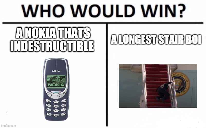 Nokia vs the longest stairs | A NOKIA THATS INDESTRUCTIBLE; A LONGEST STAIR BOI | image tagged in memes,who would win | made w/ Imgflip meme maker
