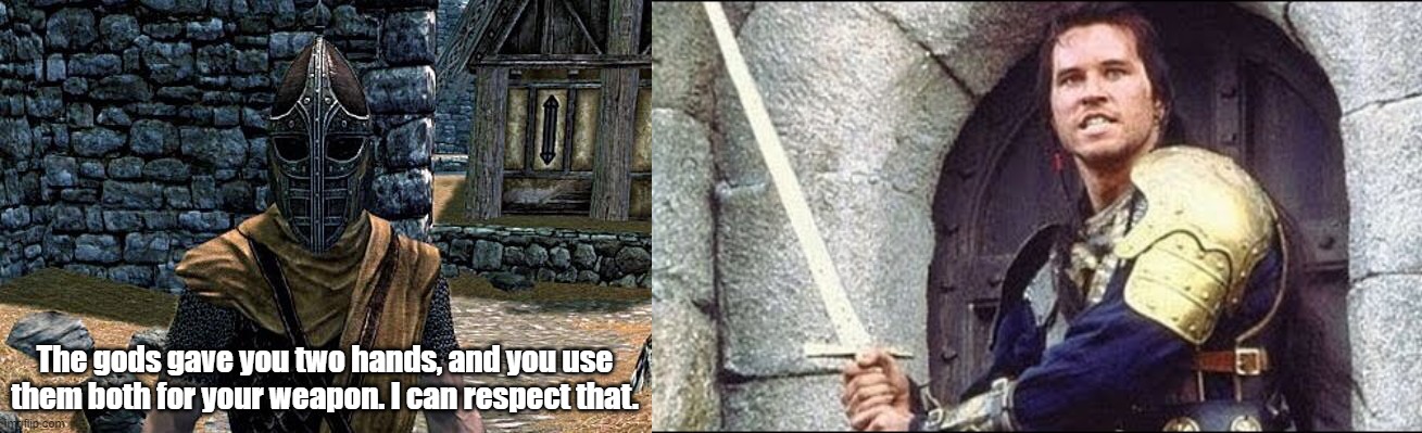 Skyrim Guard Meets Madmartigan | The gods gave you two hands, and you use them both for your weapon. I can respect that. | image tagged in skyrim guard,madmartigan,skyrim,memes | made w/ Imgflip meme maker