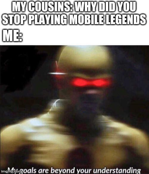 my goals are beyond your understanding | MY COUSINS: WHY DID YOU STOP PLAYING MOBILE LEGENDS; ME: | image tagged in my goals are beyond your understanding | made w/ Imgflip meme maker