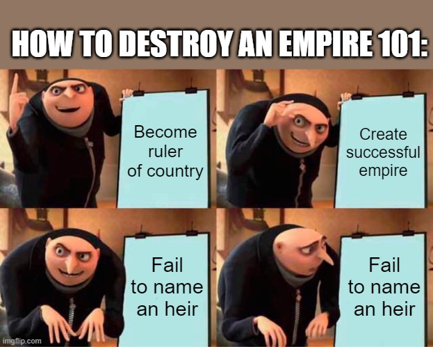 Gru's Plan Meme | HOW TO DESTROY AN EMPIRE 101:; Become ruler of country; Create successful empire; Fail to name an heir; Fail to name an heir | image tagged in memes,gru's plan | made w/ Imgflip meme maker