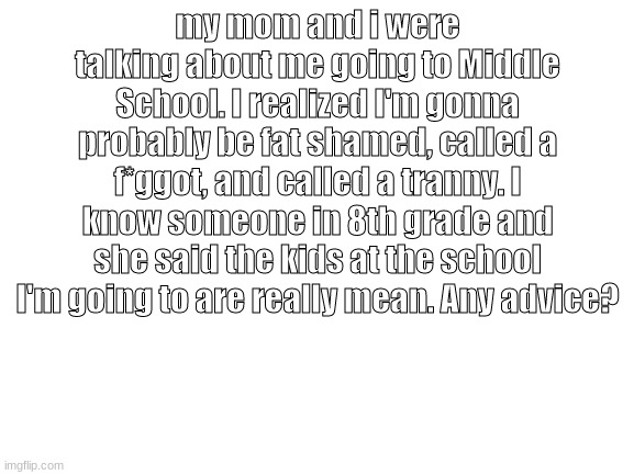 Blank White Template | my mom and i were talking about me going to Middle School. I realized I'm gonna probably be fat shamed, called a f*ggot, and called a tranny. I know someone in 8th grade and she said the kids at the school I'm going to are really mean. Any advice? | image tagged in blank white template | made w/ Imgflip meme maker