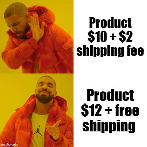 Drake Hotline Bling Meme | Product $10 + $2 shipping fee; Product $12 + free shipping | image tagged in memes,drake hotline bling | made w/ Imgflip meme maker