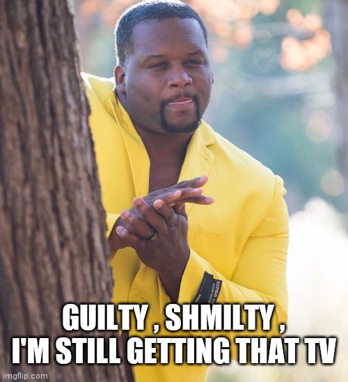 Black guy hiding behind tree | GUILTY , SHMILTY ,
I'M STILL GETTING THAT TV | image tagged in black guy hiding behind tree | made w/ Imgflip meme maker