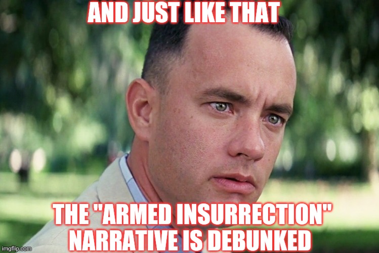 And Just Like That Meme | AND JUST LIKE THAT THE "ARMED INSURRECTION" NARRATIVE IS DEBUNKED | image tagged in memes,and just like that | made w/ Imgflip meme maker