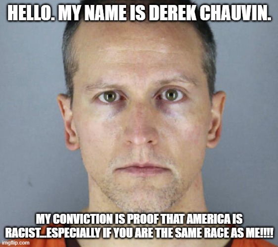 Proof America is racist!!!! | HELLO. MY NAME IS DEREK CHAUVIN. MY CONVICTION IS PROOF THAT AMERICA IS RACIST...ESPECIALLY IF YOU ARE THE SAME RACE AS ME!!!! | image tagged in nwo,racism | made w/ Imgflip meme maker