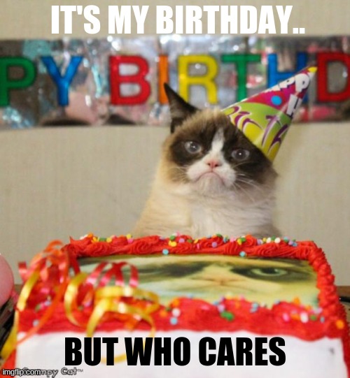 it actually is my birthday tho so- | IT'S MY BIRTHDAY.. BUT WHO CARES | image tagged in memes,grumpy cat birthday,grumpy cat,happy birthday | made w/ Imgflip meme maker