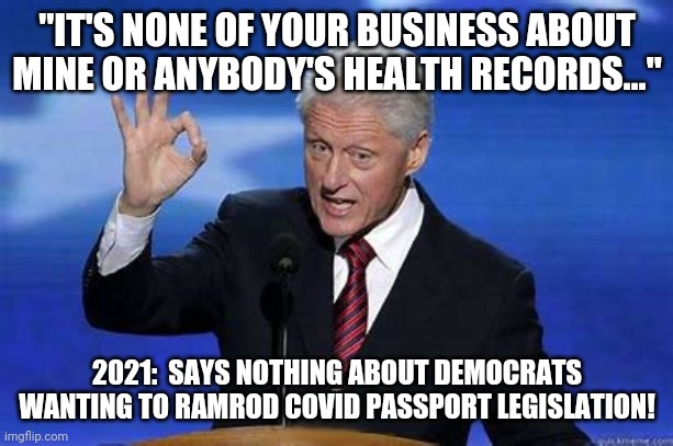 Hippa Act or Hippacrite Act?  Forced Covid passports is a Hippa  violation! | "IT'S NONE OF YOUR BUSINESS ABOUT MINE OR ANYBODY'S HEALTH RECORDS..."; 2021:  SAYS NOTHING ABOUT DEMOCRATS WANTING TO RAMROD COVID PASSPORT LEGISLATION! | image tagged in bill clinton zero,covid-19,passport,illegal | made w/ Imgflip meme maker