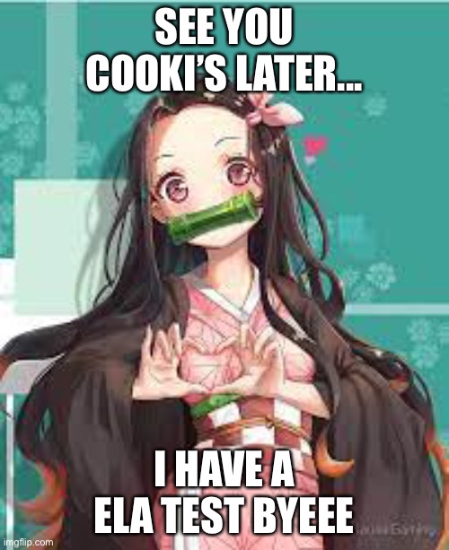 Bye | SEE YOU COOKI’S LATER... I HAVE A ELA TEST BYEEE | image tagged in nezuko loves | made w/ Imgflip meme maker