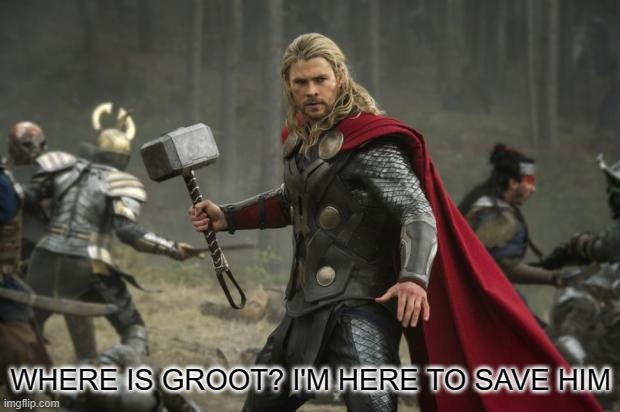 thor hammer | WHERE IS GROOT? I'M HERE TO SAVE HIM | image tagged in thor hammer | made w/ Imgflip meme maker