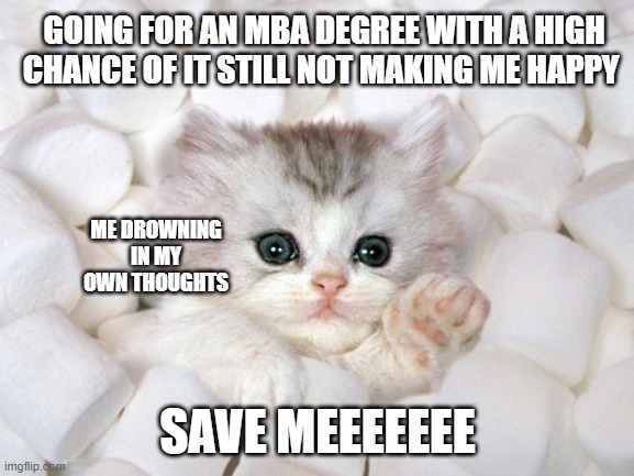 NO, SAVE ME | GOING FOR AN MBA DEGREE WITH A HIGH CHANCE OF IT STILL NOT MAKING ME HAPPY; ME DROWNING IN MY OWN THOUGHTS; SAVE MEEEEEEE | image tagged in no save me | made w/ Imgflip meme maker