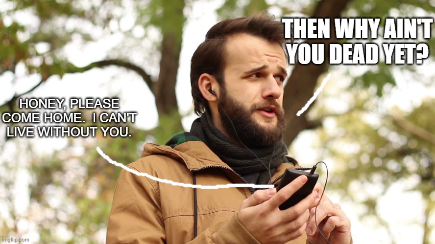 THEN WHY AIN'T YOU DEAD YET? HONEY, PLEASE COME HOME.  I CAN'T LIVE WITHOUT YOU. | image tagged in dark humor | made w/ Imgflip meme maker