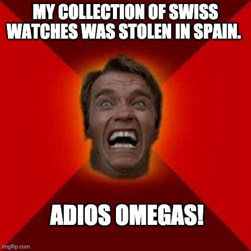 Adios | MY COLLECTION OF SWISS WATCHES WAS STOLEN IN SPAIN. ADIOS OMEGAS! | image tagged in arnold meme | made w/ Imgflip meme maker