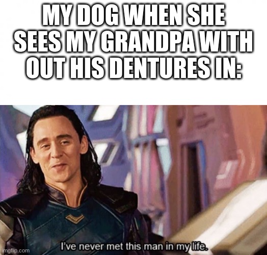MY DOG WHEN SHE SEES MY GRANDPA WITH OUT HIS DENTURES IN: | image tagged in white square,i have never met this man in my life | made w/ Imgflip meme maker