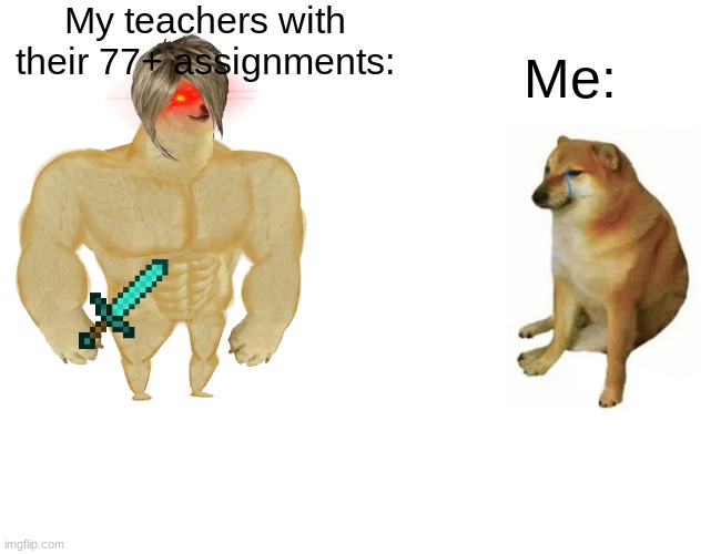 Buff Doge vs. Cheems | My teachers with their 77+ assignments:; Me: | image tagged in memes,buff doge vs cheems | made w/ Imgflip meme maker
