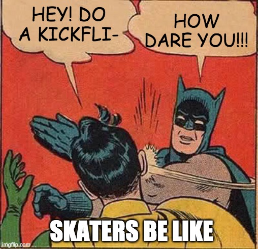 Batman Slapping Robin Meme | HOW DARE YOU!!! HEY! DO A KICKFLI-; SKATERS BE LIKE | image tagged in memes,batman slapping robin | made w/ Imgflip meme maker