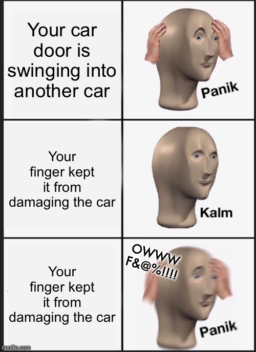 Save car, destroy finger | Your car door is swinging into another car; Your finger kept it from damaging the car; Your finger kept it from damaging the car; OWWW
F&@%!!!! | image tagged in memes,panik kalm panik | made w/ Imgflip meme maker