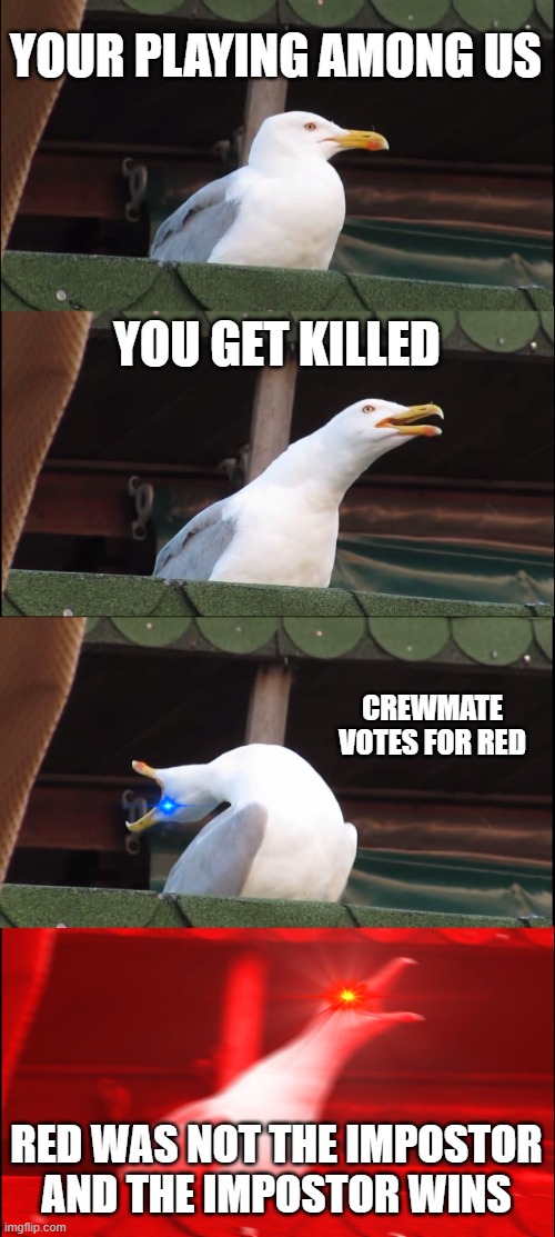 among us meme | YOUR PLAYING AMONG US; YOU GET KILLED; CREWMATE VOTES FOR RED; RED WAS NOT THE IMPOSTOR AND THE IMPOSTOR WINS | image tagged in memes,inhaling seagull,among us memes | made w/ Imgflip meme maker