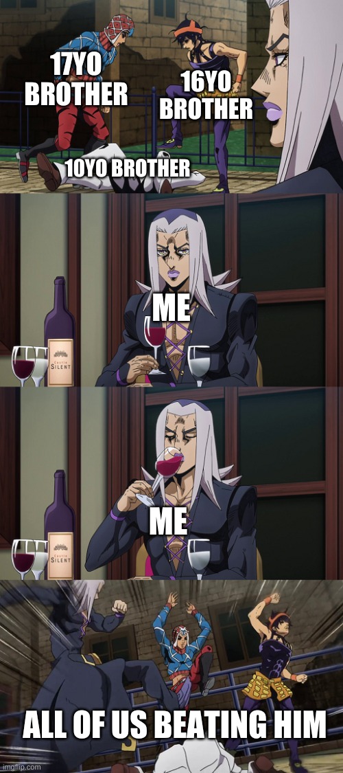 >:3 | 17YO BROTHER; 16YO BROTHER; 10YO BROTHER; ME; ME; ALL OF US BEATING HIM | image tagged in abbacchio joins in the fun | made w/ Imgflip meme maker