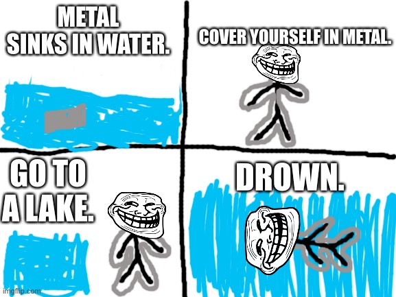 Blank White Template | COVER YOURSELF IN METAL. METAL SINKS IN WATER. GO TO A LAKE. DROWN. | image tagged in blank white template,oh wow are you actually reading these tags,stop reading the tags | made w/ Imgflip meme maker
