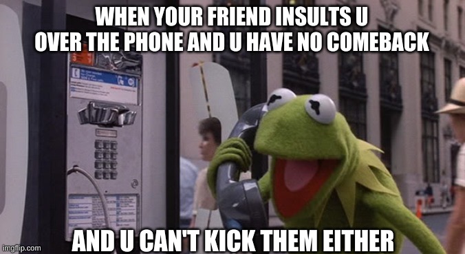 qwq | WHEN YOUR FRIEND INSULTS U OVER THE PHONE AND U HAVE NO COMEBACK; AND U CAN'T KICK THEM EITHER | image tagged in kermit phone | made w/ Imgflip meme maker