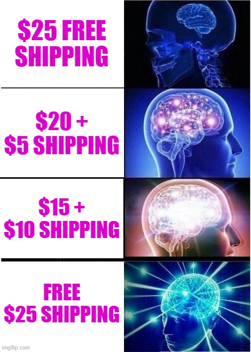 Expanding Brain Meme | $25 FREE SHIPPING; $20 + $5 SHIPPING; $15 + $10 SHIPPING; FREE $25 SHIPPING | image tagged in memes,expanding brain | made w/ Imgflip meme maker