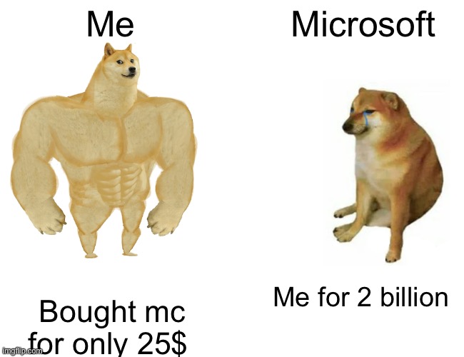Buff Doge vs. Cheems | Me; Microsoft; Me for 2 billion; Bought mc for only 25$ | image tagged in memes,buff doge vs cheems | made w/ Imgflip meme maker
