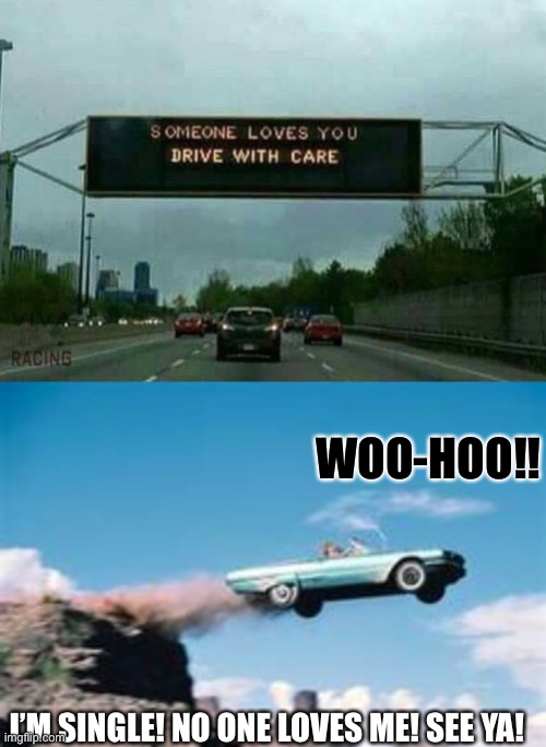 XD | WOO-HOO!! I’M SINGLE! NO ONE LOVES ME! SEE YA! | image tagged in drivingoffacliff | made w/ Imgflip meme maker