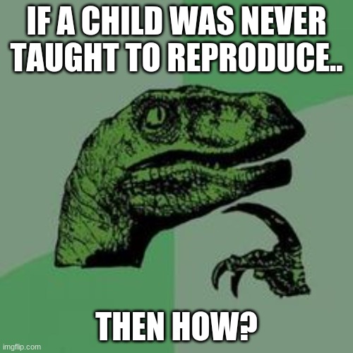 lol | IF A CHILD WAS NEVER TAUGHT TO REPRODUCE.. THEN HOW? | image tagged in time raptor | made w/ Imgflip meme maker