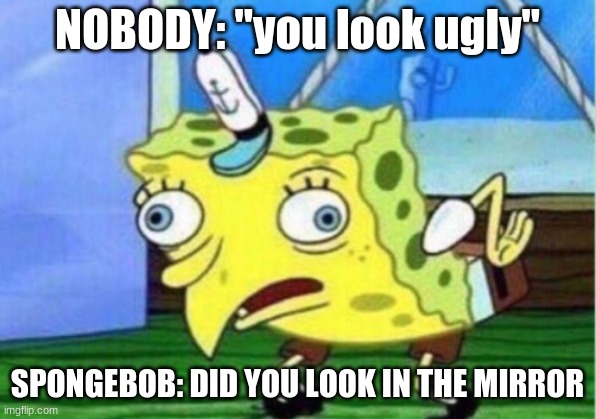 Mocking Spongebob | NOBODY: "you look ugly"; SPONGEBOB: DID YOU LOOK IN THE MIRROR | image tagged in memes,mocking spongebob | made w/ Imgflip meme maker